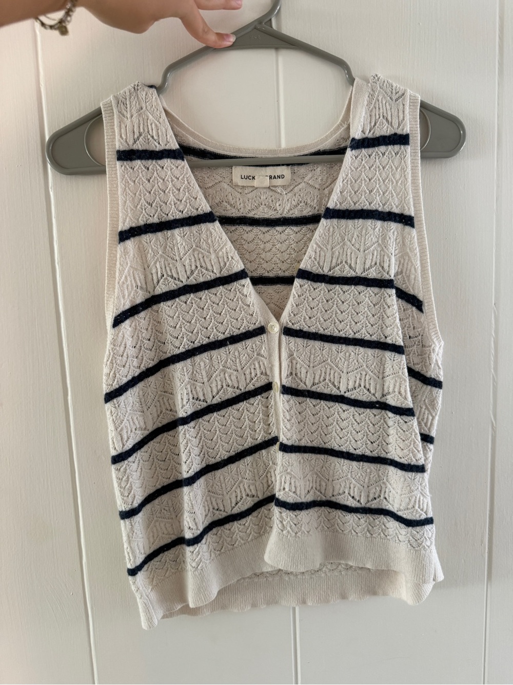 Vintage Lucky Brand Cream and Navy Striped Knit Vest